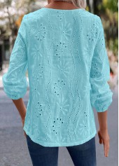 Cyan tops,Plain Color tops,ROTITA Split Detail Blue Long Sleeve Blouse