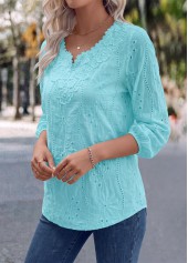 Cyan tops,Plain Color tops,ROTITA Split Detail Blue Long Sleeve Blouse