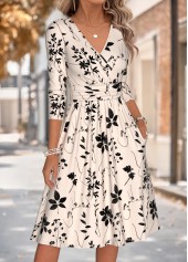 Beige dresses,Plants dresses,Everyday dresses,Casual dresses,ROTITA Beige Leaf Print Shirred V Neck Long Sleeve Dress
