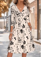 ROTITA Beige Leaf Print Shirred V Neck Long Sleeve Dress