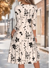 Beige dresses,Plants dresses,Everyday dresses,Casual dresses,ROTITA Beige Leaf Print Shirred V Neck Long Sleeve Dress