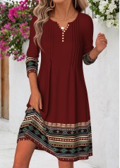 ROTITA Deep Red Tribal Print Tuck Stitch Short Dress