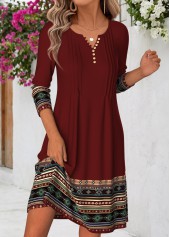 Deep Red dresses,Tribal dresses,Everyday dresses,Casual dresses,ROTITA Deep Red Tribal Print Tuck Stitch Short Dress