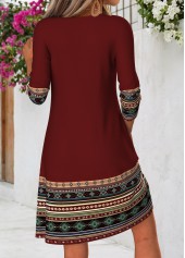 Deep Red dresses,Tribal dresses,Everyday dresses,Casual dresses,ROTITA Deep Red Tribal Print Tuck Stitch Short Dress