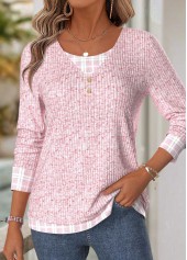 ROTITA Plaid Light Blue V Neck Long Sleeve T Shirt