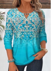 ROTITA Shirred Tribal Print Cyan 3/4 Sleeve Blouse
