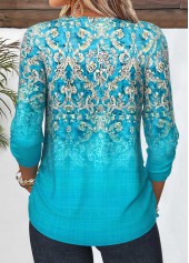 Cyan tops,Tribal tops,ROTITA Shirred Tribal Print Cyan 3/4 Sleeve Blouse