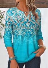 Cyan tops,Tribal tops,ROTITA Shirred Tribal Print Cyan 3/4 Sleeve Blouse