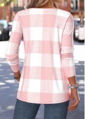 Light Pink tops,Plaid tops,Geometric tops,ROTITA Curved Hem Plaid Light Pink Split Neck T Shirt