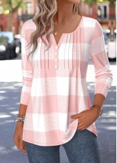 Light Pink tops,Plaid tops,Geometric tops,ROTITA Curved Hem Plaid Light Pink Split Neck T Shirt
