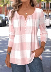ROTITA Curved Hem Plaid Light Pink Split Neck T Shirt