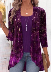 ROTITA Geometric Print Purple Long Sleeve Fake Two Piece Twinset