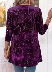 Purple tops,Geometric tops,ROTITA Geometric Print Purple Long Sleeve Fake Two Piece Twinset