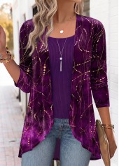 Purple tops,Geometric tops,ROTITA Geometric Print Purple Long Sleeve Fake Two Piece Twinset