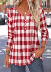 ROTITA Curved Hem Plaid Red Split Neck T Shirt