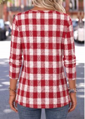 Red tops,Plaid tops,Geometric tops,ROTITA Curved Hem Plaid Red Split Neck T Shirt