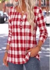 Red tops,Plaid tops,Geometric tops,ROTITA Curved Hem Plaid Red Split Neck T Shirt