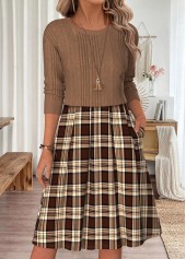 ROTITA Light Coffee Plaid Patchwork Round Neck Long Sleeve Dress