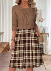 Light Coffee dresses,Plaid dresses,Geometric dresses,Everyday dresses,Casual dresses,ROTITA Light Coffee Plaid Patchwork Round Neck Long Sleeve Dress