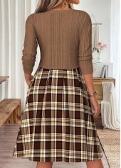 Light Coffee dresses,Plaid dresses,Geometric dresses,Everyday dresses,Casual dresses,ROTITA Light Coffee Plaid Patchwork Round Neck Long Sleeve Dress
