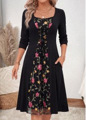 ROTITA Black Floral Print Fake 2in1 Boat Neck Dress