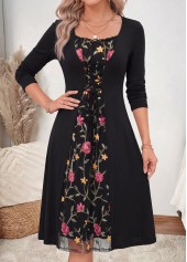 Black dresses,Floral dresses,Plants dresses,Everyday dresses,Casual dresses,ROTITA Black Floral Print Fake 2in1 Boat Neck Dress