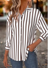 Dark Camel tops,Striped tops,Geometric tops,ROTITA Tummy Coverage Striped Dark Camel Long Sleeve Shirt
