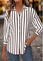 Dark Camel tops,Striped tops,Geometric tops,ROTITA Tummy Coverage Striped Dark Camel Long Sleeve Shirt
