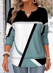 Multi Color tops,Geometric tops,ROTITA Beaded Geometric Print Multi Color Round Neck T Shirt