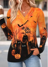 ROTITA Halloween Shirred Orange V Neck Long Sleeve T Shirt