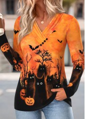 Orange tops,Halloween tops,ROTITA Halloween Shirred Orange V Neck Long Sleeve T Shirt