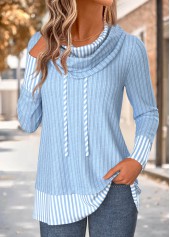 Light Blue tops,Striped tops,Geometric tops,ROTITA Fake 2in1 Striped Light Blue Cowl Neck Sweatshirt