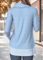 Light Blue tops,Striped tops,Geometric tops,ROTITA Fake 2in1 Striped Light Blue Cowl Neck Sweatshirt