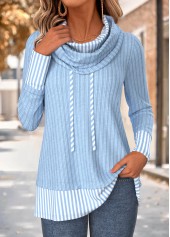 ROTITA Fake 2in1 Striped Light Blue Cowl Neck Sweatshirt