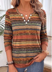ROTITA Tummy Coverage Striped Multi Color Split Neck T Shirt