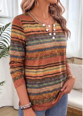 Multi Color tops,Striped tops,Geometric tops,ROTITA Tummy Coverage Striped Multi Color Split Neck T Shirt