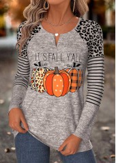 ROTITA Halloween Curved Hem Gray Brown Split Neck T Shirt