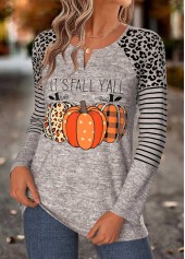 Gray Brown tops,Halloween tops,ROTITA Halloween Curved Hem Gray Brown Split Neck T Shirt