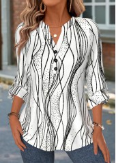 ROTITA Curved Hem Striped White Split Neck Long Sleeve Shirt