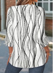 White tops,Striped tops,Geometric tops,ROTITA Curved Hem Striped White Split Neck Long Sleeve Shirt