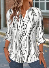 White tops,Striped tops,Geometric tops,ROTITA Curved Hem Striped White Split Neck Long Sleeve Shirt