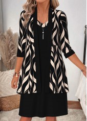 ROTITA Black Leaf Print Two-piece V Neck Dress and Cardigan