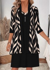 Black dresses,Plants dresses,Everyday dresses,Casual dresses,ROTITA Black Leaf Print Two-piece V Neck Dress and Cardigan