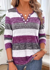 ROTITA Shirred Striped Purple Split Neck Long Sleeve T Shirt