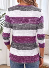 Purple tops,Striped tops,Geometric tops,ROTITA Shirred Striped Purple Split Neck Long Sleeve T Shirt