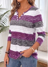 Purple tops,Striped tops,Geometric tops,ROTITA Shirred Striped Purple Split Neck Long Sleeve T Shirt