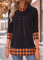 ROTITA Tummy Coverage Plaid Black Cowl Neck Long Sleeve Sweatshirt