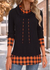 Black tops,Plaid tops,Geometric tops,ROTITA Tummy Coverage Plaid Black Cowl Neck Long Sleeve Sweatshirt
