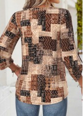 Dark Coffee tops,Geometric tops,ROTITA Tummy Coverage Geometric Print Dark Coffee Split Neck Blouse