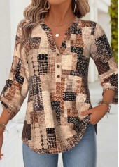 ROTITA Tummy Coverage Geometric Print Dark Coffee Split Neck Blouse
